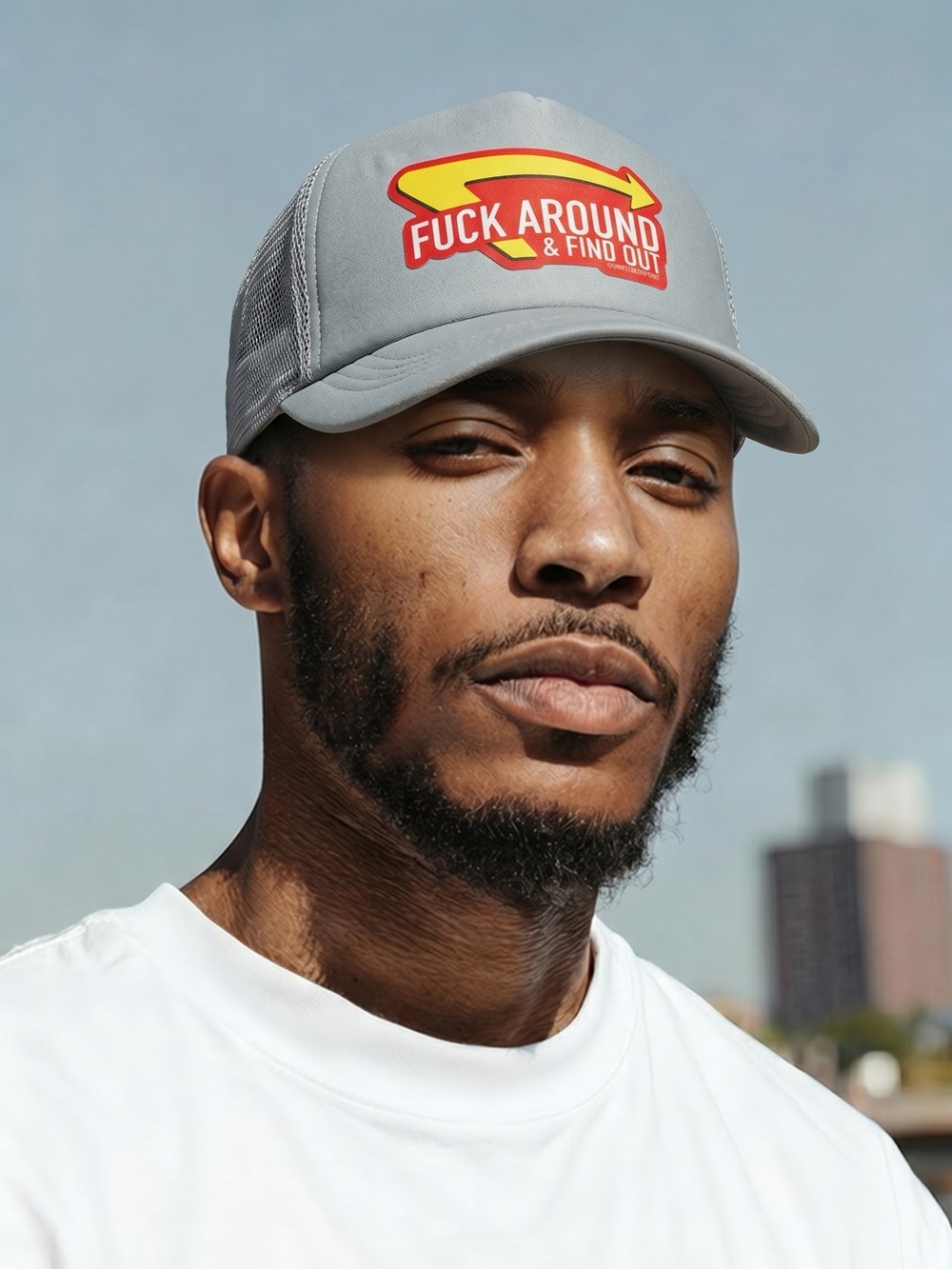 Gray Trucker Hat with Bold Red & Yellow Patch